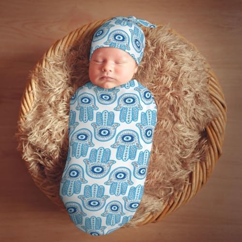 Muishi Hamsa Hand Evil Eye Swaddle Blanket Hat Set