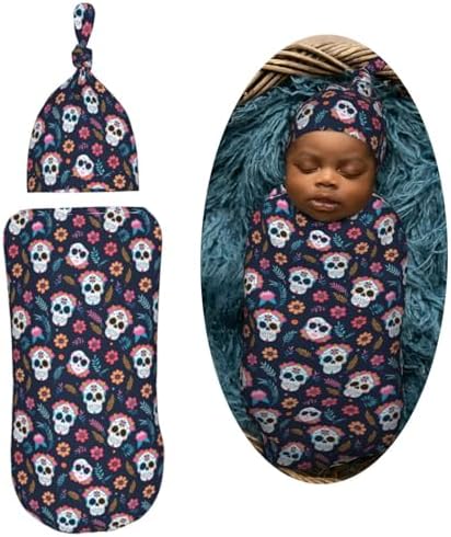 Muishi Sugar Skulls Flower Swaddle Blanket and Beanie Hat Set