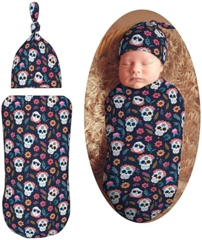 Muishi Sugar Skulls Flower Swaddle Blanket and Beanie Hat Set