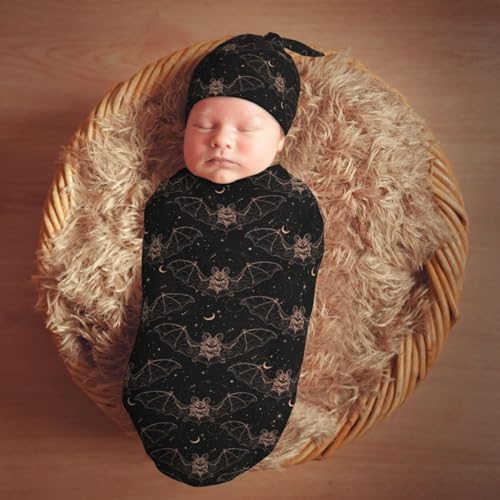 Night Bat Moon Newborn Swaddle Blanket Hat Set
