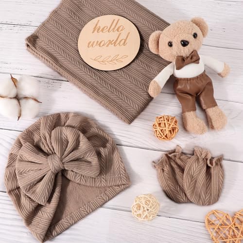 AQOKKA Newborn Swaddle Blanket with Bow Hat Mittens Set 1