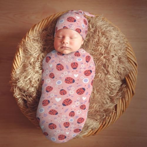 Muishi Ladybugs Hearts Flowers Swaddle Blanket Hat Set