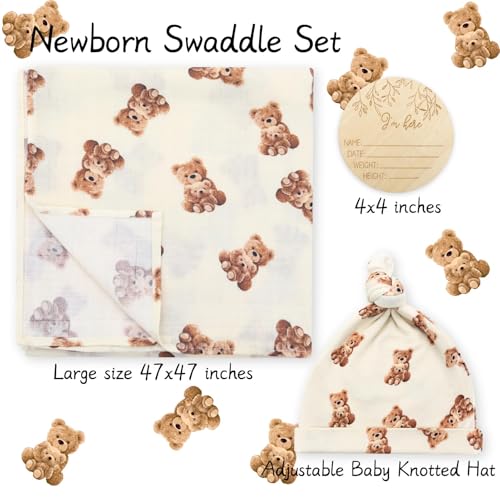 LifeTree Muslin Swaddle Blanket with Bear Hat Set