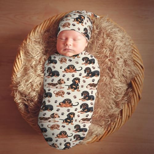 Muishi Dachshund Swaddle Blanket Beanie Set