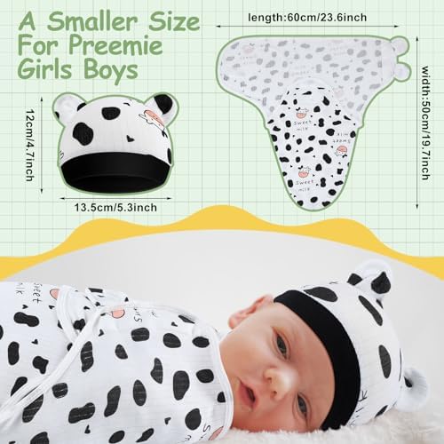 2 Pack Preemie Baby Swaddle Blanket with Cow Hat Set