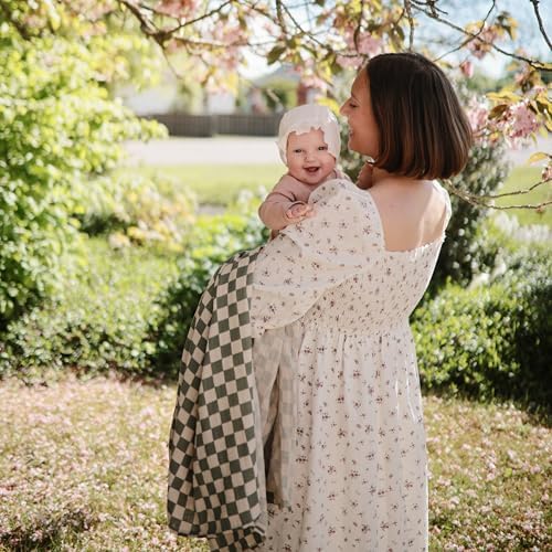 Mushie Muslin Swaddle Blanket - Olive Check 100 Organic Cotton