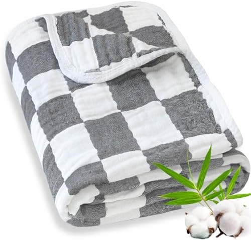 BEILIMU 6-Layer Muslin Swaddle Blanket 43x43 Inches Grey Checkered
