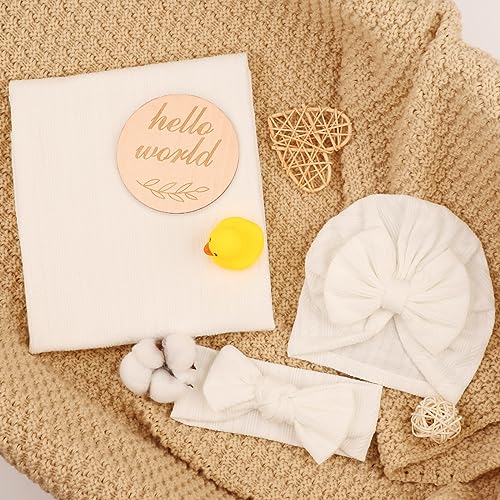 DRESHOW BQUBO Baby Swaddle Blankets Set 4PCS White with Hat and Bow