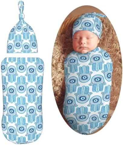 Muishi Hamsa Hand Evil Eye Swaddle Blanket Hat Set