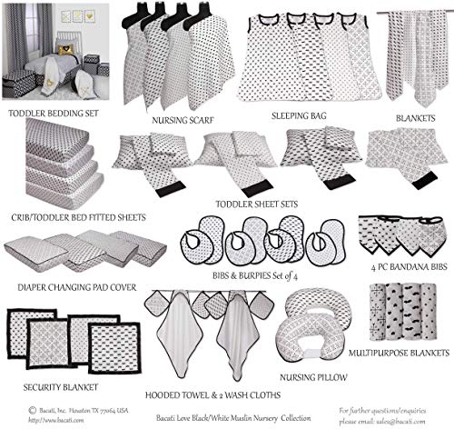 Bacati 4 Piece Love Muslin Swaddling Blankets BlackWhite