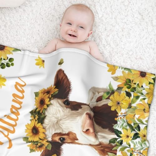 Customized Baby Blanket with Name Cow Pattern Flannel Blanket