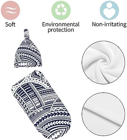 NOKOER Blue Polynesian Tribal Pattern Swaddle Blanket with Hat Set