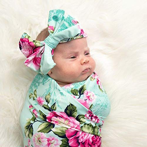 AQOKKA Newborn Swaddle Blanket with Bow Hat and Headband Set