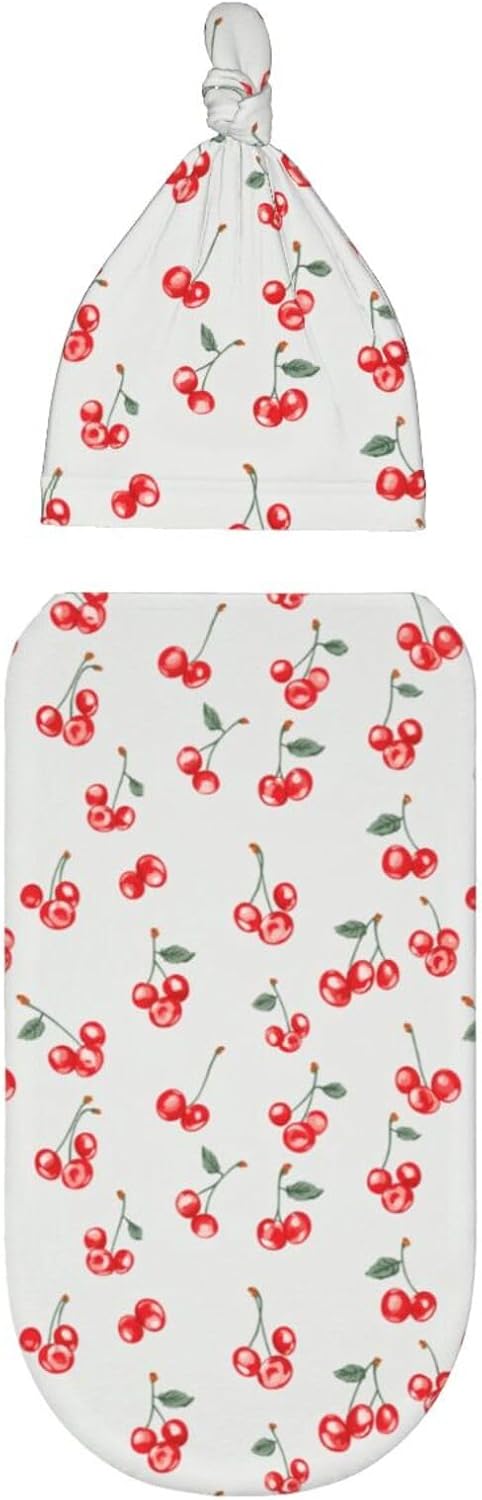 Small Red Cherries Swaddle Blanket Hat Set for Newborns