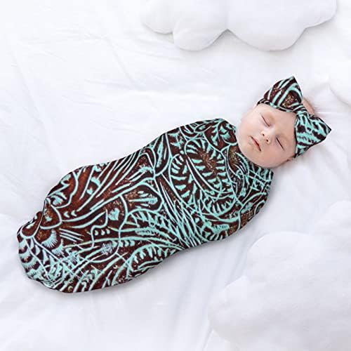 ZEYUANKA Country Teal Brown Western Swaddle Blanket Set with Headband