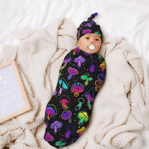 Mushroom Shape Swaddle Blanket Beanie Hat Set for Newborns