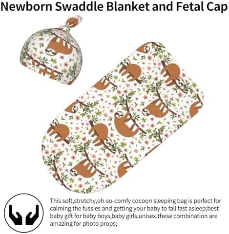 Lcokin Cute Sloth Baby Swaddle Blanket Hat Set