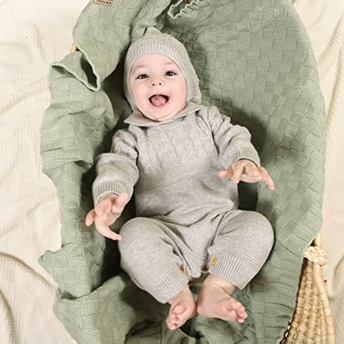 LAWKUL Cable Knitted Baby Blanket Soft Sage Green 40x30