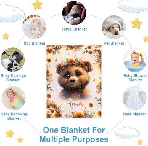 Hyturtle Personalized Bear Blanket - Custom Name Soft Cozy Plush for Newborns