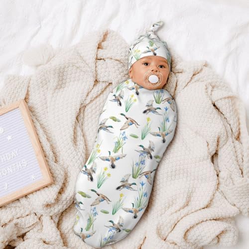 Sozzjile Mallard Duck Swaddle Blanket Beanie Set for Baby