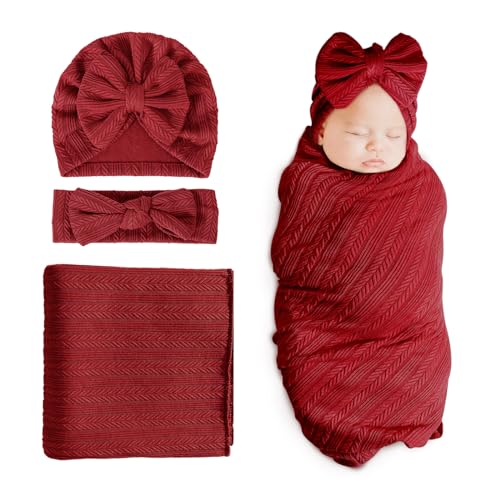 Dreshow Bqubo Swaddling Blanket Set with Bow Hat and Headband