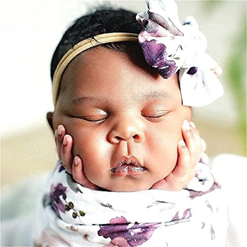 Baby Swaddle Blanket with Headband Set Purple Flowers