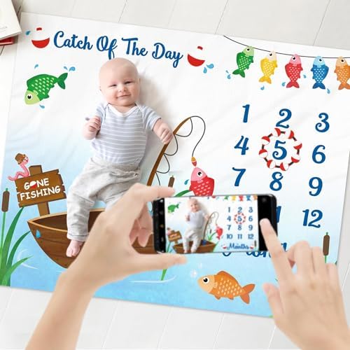 Gone Fishing Baby Monthly Milestone Blanket with Felt Bobber Wreath