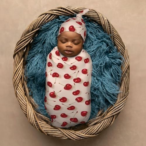 Red Cherrys Pattern Newborn Swaddle Blanket Hat Set
