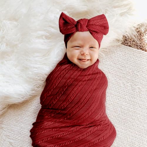 Dreshow Bqubo Swaddling Blanket Set with Bow Hat and Headband
