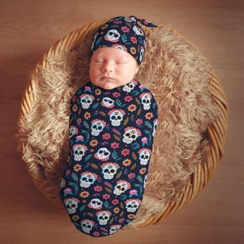 Muishi Sugar Skulls Flower Swaddle Blanket and Beanie Hat Set