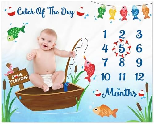Gone Fishing Baby Monthly Milestone Blanket with Felt Bobber Wreath