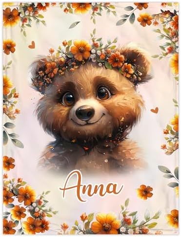 Hyturtle Personalized Bear Blanket - Custom Name Soft Cozy Plush for Newborns