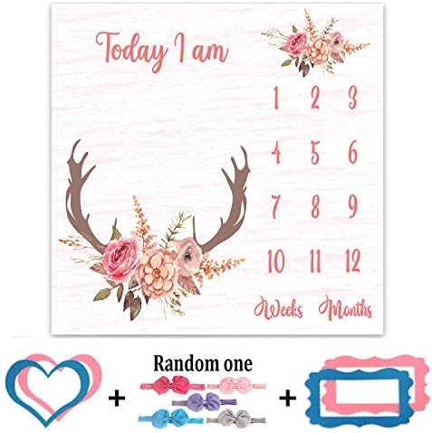 PHMOJEN Monthly Milestone Blanket for Baby Girl Pink Deer Antler Flowers