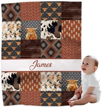 Personalized Cute High Land Cow Baby Blanket with Name