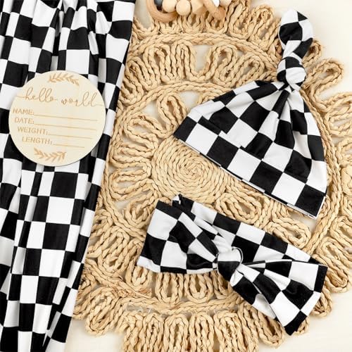 TANOFAR 4-Pack Swaddle Blanket with Headband and Beanie Set Black Checkerboard