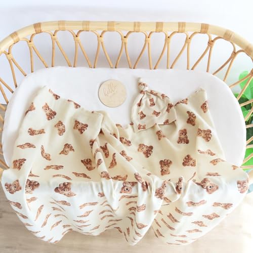 LifeTree Muslin Swaddle Blanket with Bear Hat Set