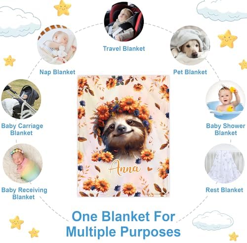 Hyturtle Personalized Sloth Baby Blanket with Custom Name