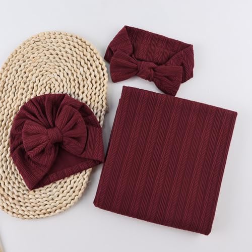 OMUKY Newborn Swaddle Blanket and Headband Set Wine Red