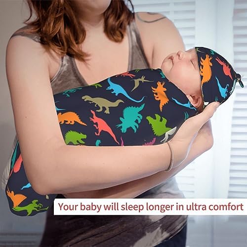 WELBB Dinosaur Swaddle Blanket Beanie Set for Newborns