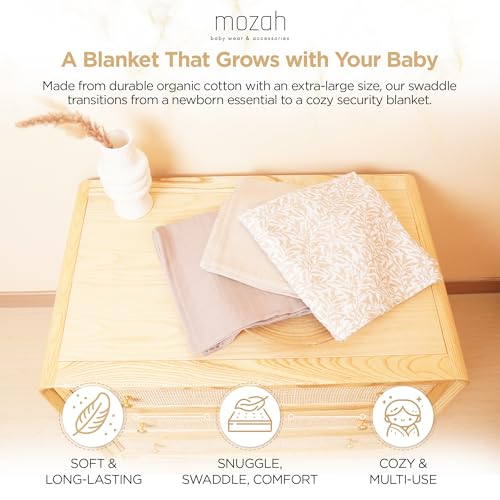 MOZAH Organic Muslin Swaddle Blankets 3 Pack