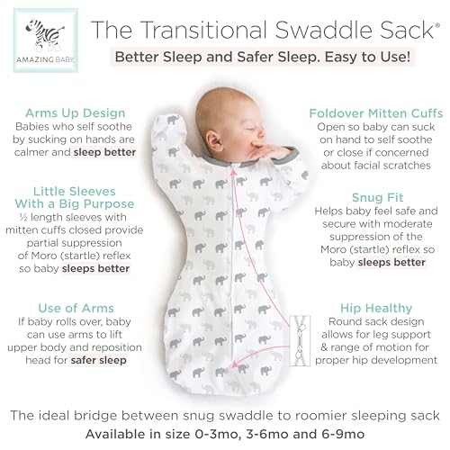 Amazing Baby Transitional Swaddle Sack - Tiny Elephants Medium 3-6 Months