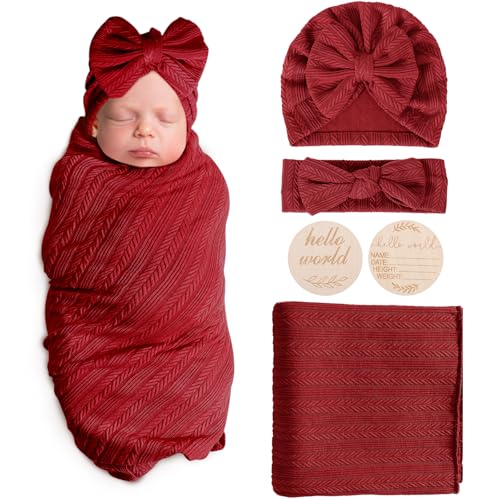 AQOKKA Newborn Swaddle Blanket with Bow Hat and Wooden Card