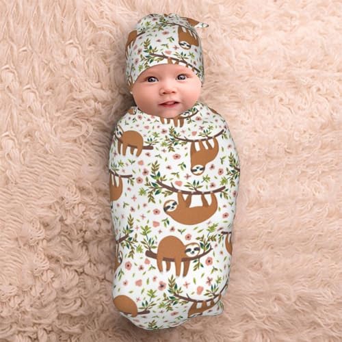 Lcokin Cute Sloth Baby Swaddle Blanket Hat Set