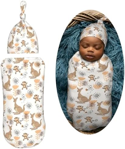 Muishi Funny Kangaroo Monkey Swaddle Blanket Hat Set