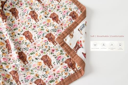 Little Jump Cowgirl Floral Highland Cow Muslin Blanket - 47 x 47