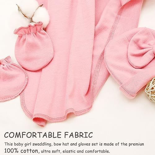 AQOKKA Newborn Swaddle Blanket with Bow Hat Mittens Set