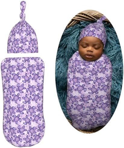 Muishi Purple Sea Turtle Swaddle Blanket Hat Set