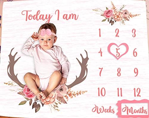 PHMOJEN Monthly Milestone Blanket for Baby Girl Pink Deer Antler Flowers