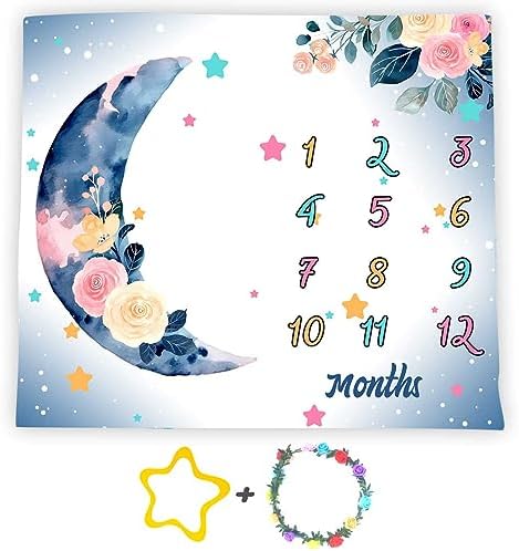 Moon Baby Milestone Blanket - Watercolor Pink Flower Design