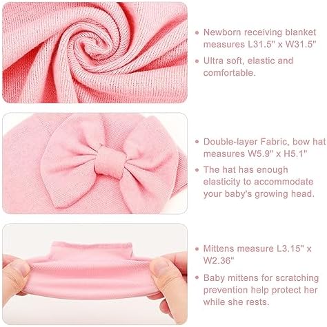 AQOKKA Newborn Swaddle Blanket with Bow Hat Mittens Set